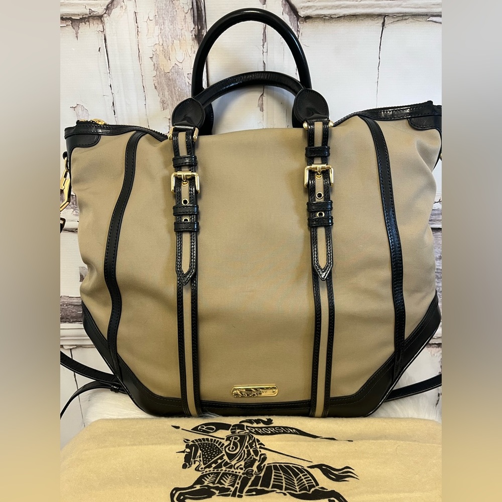Burberry Canvas/Patent Leather Tan/Black Large Tote Travel Bag